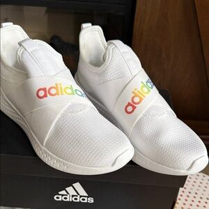 Adidas Kids White Slip-On Sneakers with Rainbow Logo